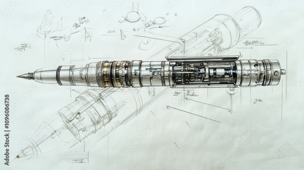 Poster detailed technical drawing of a pen, showcasing its design, structure, and mechanical components, wi