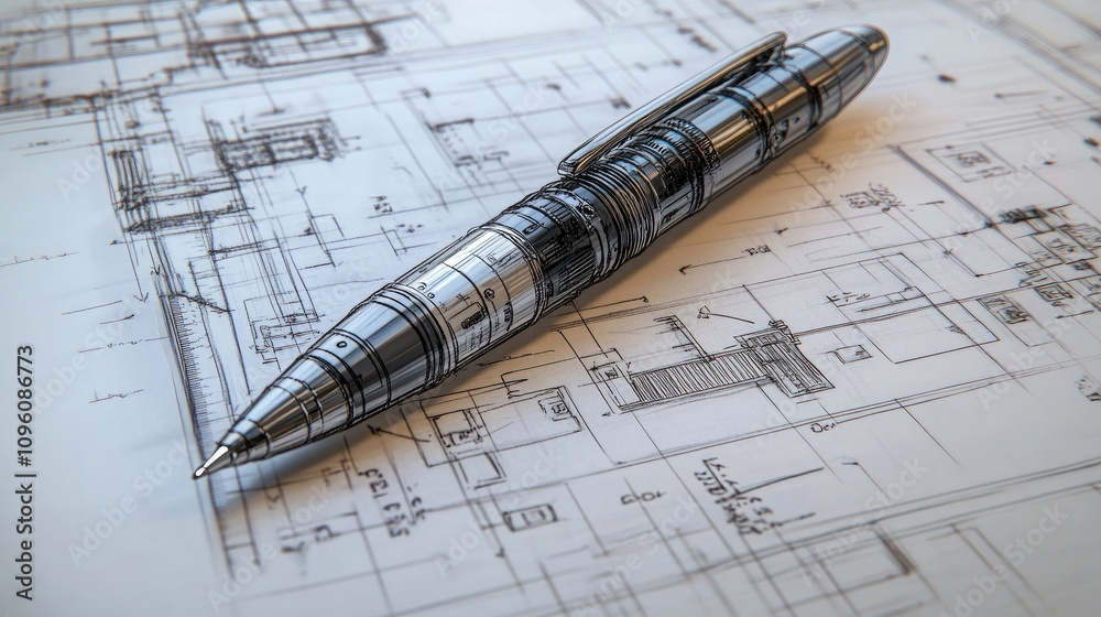 Poster detailed technical drawing of a pen, showcasing its design, structure, and mechanical components, wi