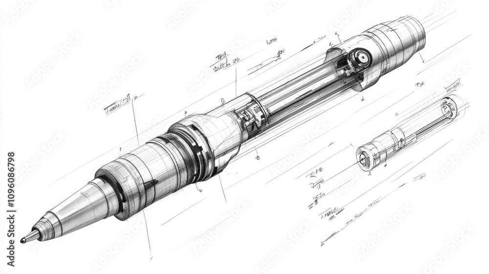 Poster detailed technical drawing of a pen, showcasing its design, structure, and mechanical components, wi