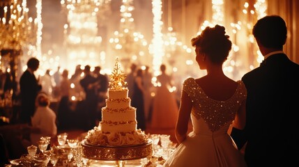 A glamorous New Year's Eve celebration in an elegantly decorated ballroom, with guests in formal attire mingling and enjoying the festivities.
