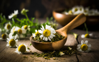 dried chamomile flowers in a rustic wooden spoon, AI generated