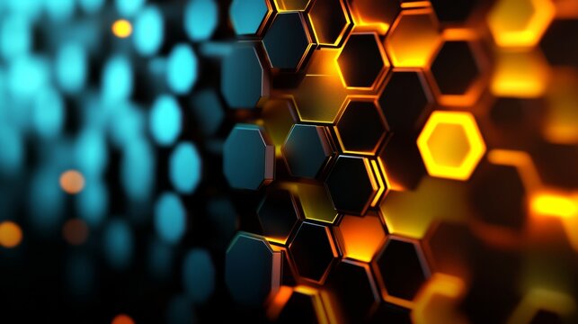 An abstract background featuring a hexagon pattern illuminated by glowing lights, creating a futuristic and dynamic design.
