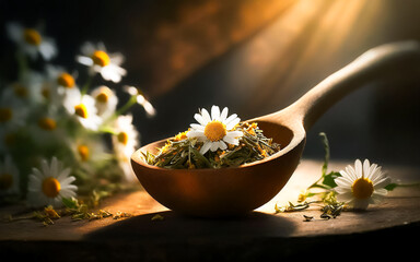 dried chamomile flowers in a rustic wooden spoon, AI generated