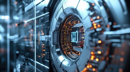 Fototapeta premium Futuristic cryptocurrency vault featuring complex security systems, high-tech metallic surfaces, and digital interfaces, with a cinematic atmosphere and advanced design