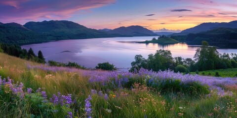 Obraz premium A tranquil landscape park at dusk, with the lake glowing in the sunset light, surrounded by wildflowers and rolling hills leading to distant mountains.