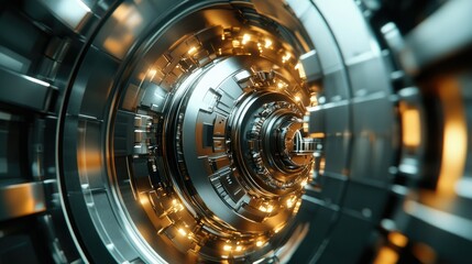Fototapeta premium Futuristic cryptocurrency vault featuring complex security systems, high-tech metallic surfaces, and digital interfaces, with a cinematic atmosphere and advanced design