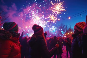 Obraz premium A vibrant outdoor New Year's party, with guests dancing under a sky filled with fireworks.