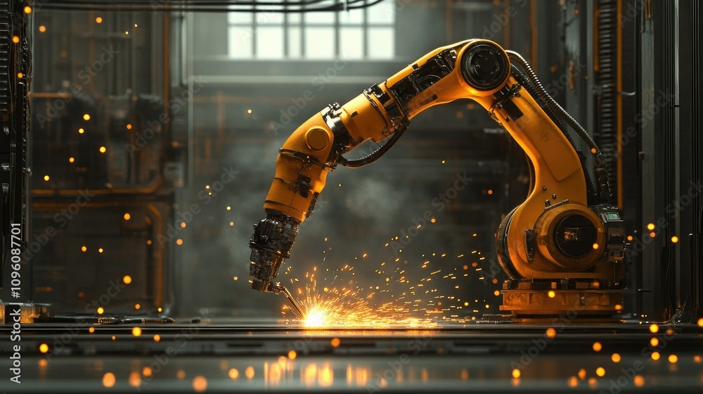 Poster generative ai illustration of a robotic arm welding in an industrial space, with glowing sparks and 