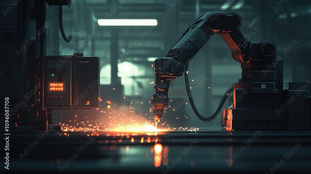 Poster generative ai illustration of a robotic arm welding in an industrial space, with glowing sparks and 