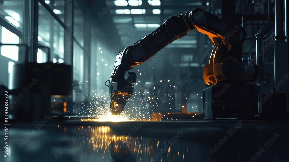 Poster generative ai illustration of a robotic arm welding in an industrial space, with glowing sparks and 