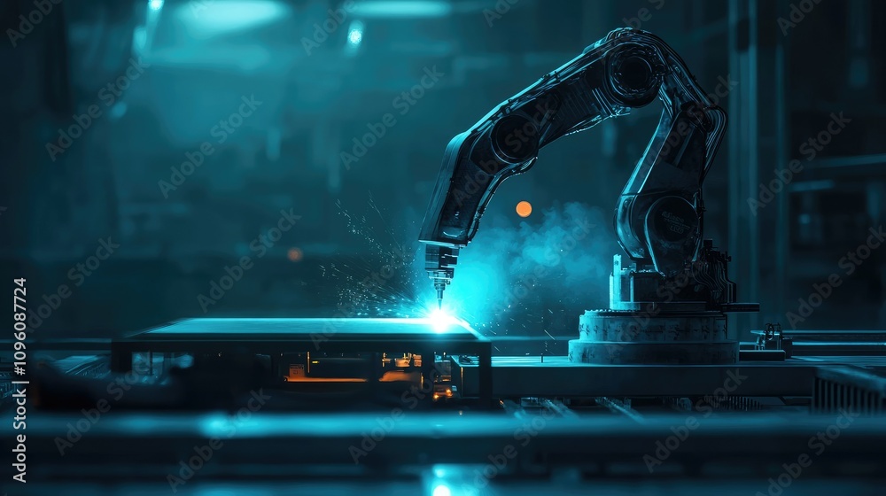 Poster Generative AI illustration of a robotic arm welding with glowing light in a dark, empty industrial room, representing cutting-edge automation in factory production