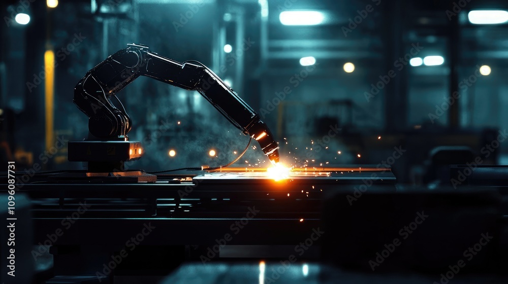 Aufkleber generative ai illustration of a robotic arm welding with glowing light in a dark, empty industrial r