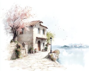 Charming European Lakeside Village, quaint stone cottages, cobblestone streets, vibrant flowers, evoking rustic tranquility, watercolor aesthetics
