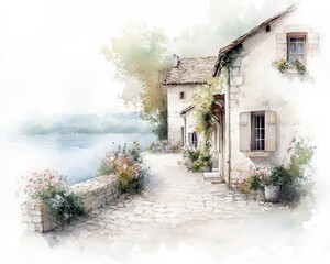 Charming lakeside village with stone cottages, cobblestone streets, vibrant flowers, evoking rustic European allure in watercolor style