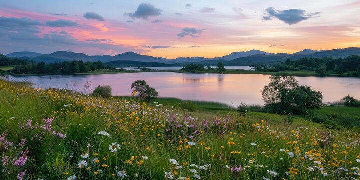 A tranquil landscape park at dusk, with the lake glowing in the sunset light, surrounded by wildflowers and rolling hills leading to distant mountains.