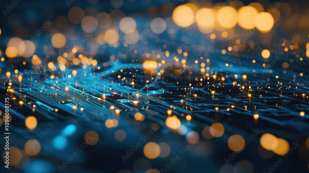 Poster High-tech close-up of a blue computer circuit board with complex connections, representing data flow and the backbone of modern digital technology