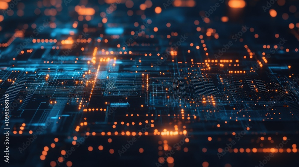Poster High-tech close-up of a blue computer circuit board with complex connections, representing data flow and the backbone of modern digital technology