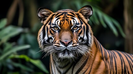 Obraz premium A close-up of a majestic tiger in a lush, green environment.