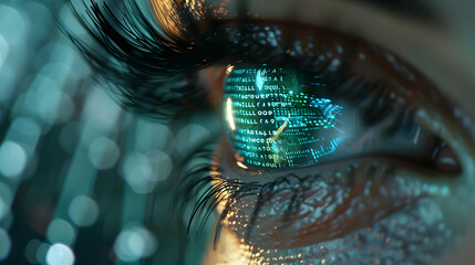 Close-up of an Eye Reflecting Digital Code, Abstract Background Image with Teal and Gold Hues, Futuristic Concept