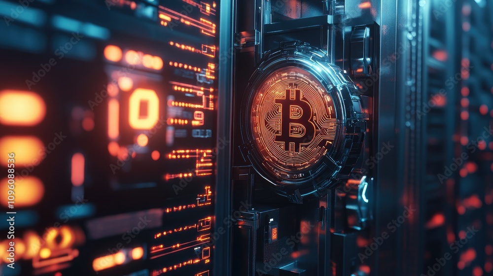 Poster intricate, high-tech cryptocurrency vault with advanced security features, glowing digital interface