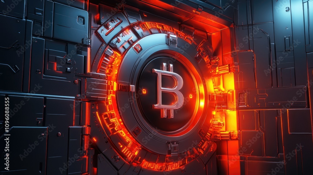 Poster Intricate, high-tech cryptocurrency vault with advanced security features, glowing digital interfaces, and sleek metallic textures, creating a futuristic financial setting