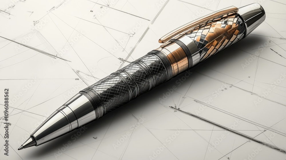 Poster Intricate technical design of a pen with precise lines and measurements, emphasizing the mechanical and artistic construction of the writing tool