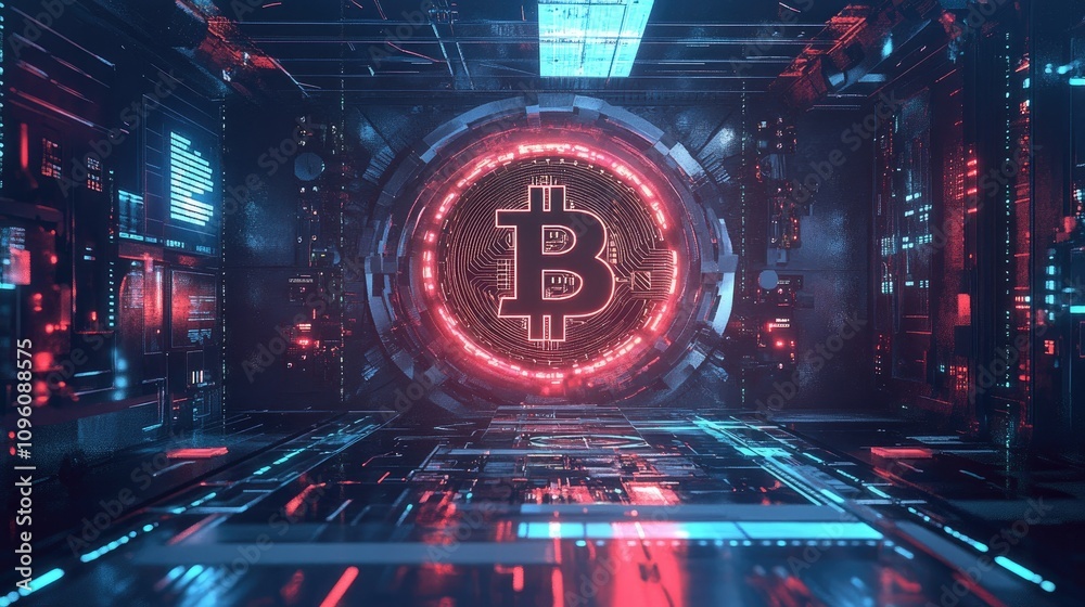 Aufkleber intricate, high-tech cryptocurrency vault with advanced security features, glowing digital interface