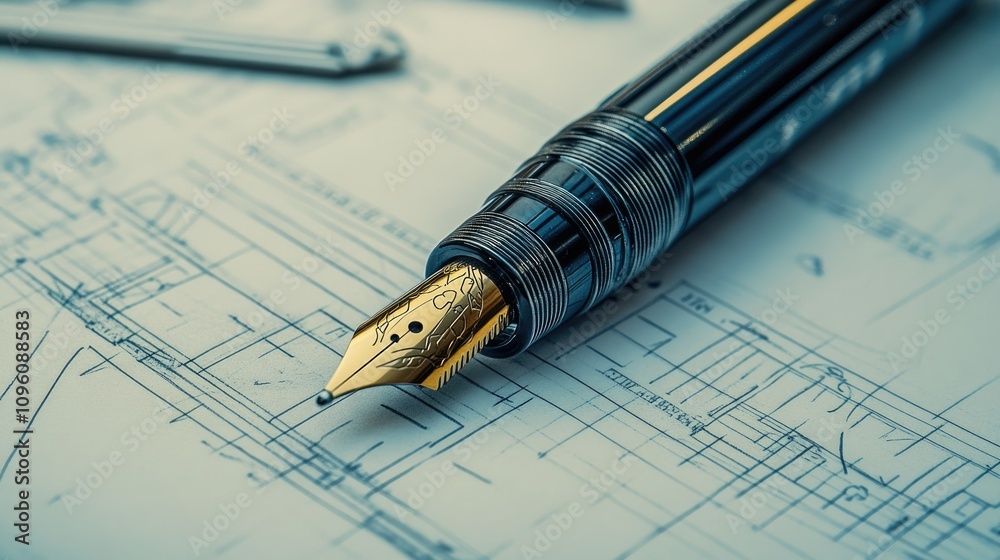 Poster Intricate technical design of a pen with precise lines and measurements, emphasizing the mechanical and artistic construction of the writing tool