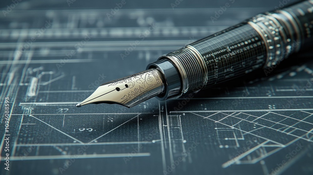 Poster Intricate technical design of a pen with precise lines and measurements, emphasizing the mechanical and artistic construction of the writing tool