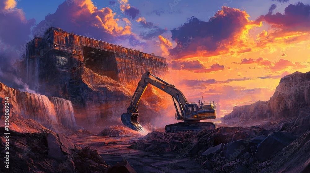 Poster Sunrise over a rugged mining landscape with an excavator in action, dramatic cliffs and a vibrant sky full of colorful clouds, evoking the scale and power of the operation