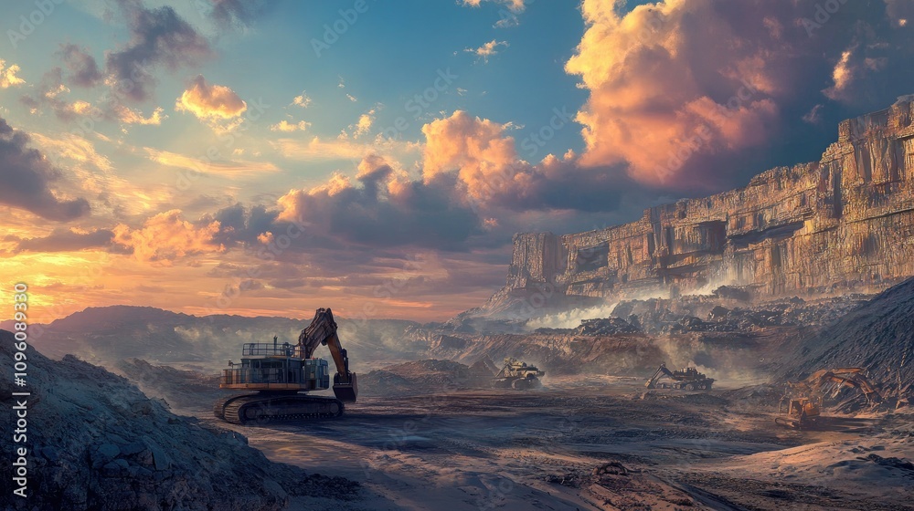 Poster sunrise over a rugged mining landscape with an excavator in action, dramatic cliffs and a vibrant sk