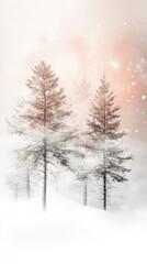 Fototapeta premium Serene Winter Pines, tranquil snow-laden pine trees in a pastel-hued forest, evoking the peaceful beauty of the winter season