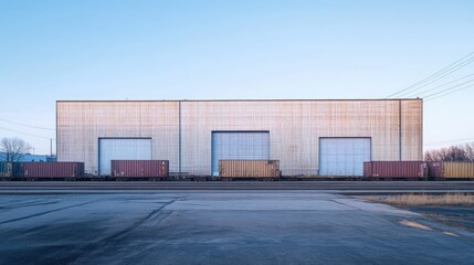Obraz premium Wide-angle shot of the facade of an industrial building and warehouse, with freight cars lined up along the tracks, emphasizing scale and industrial architecture
