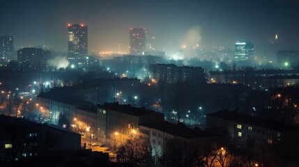 Obraz premium Night Cityscape Foggy Urban Buildings Lights