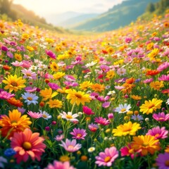 Fototapeta premium Sun-drenched meadow bursts with vibrant spring flowers.
