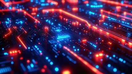 Naklejka premium Abstract 3D Render of Illuminated Circuit Board with Red and Blue Glowing Lines, Futuristic Technology Background