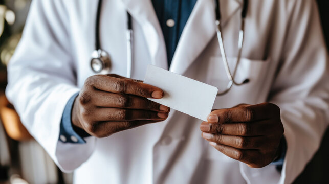 Doctor Holding Blank Business Card in Professional Medical Setting
