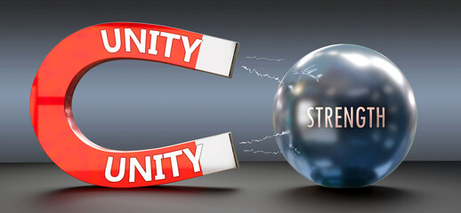 Unity attracts Strength. A metaphor showing unity as a big magnet attracting strength. Analogy to demonstrate the importance and strength of unity. ,3d illustration