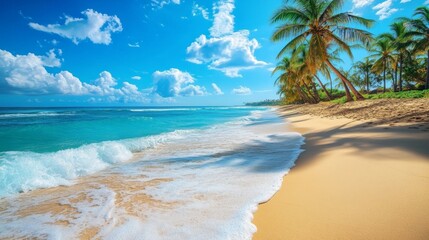 Relaxing waves and palm trees on a tropical beach paradise island landscape photography seaside serenity bright and inviting atmosphere