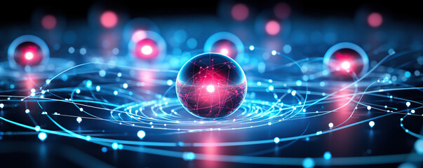 Obraz premium Spheres with glowing patterns in a digital landscape representing advanced technology and science concepts