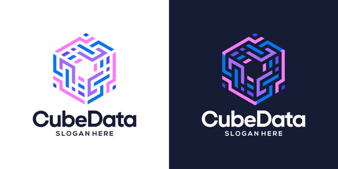 Data storage design logo. Hexagon box logo with abstract technology data digital symbol design vector icon