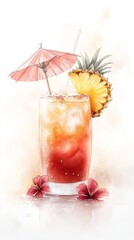 Vibrant watercolor mai tai showcasing layered rum, pineapple, grenadine, adorned with a paper umbrella and tropical flowers