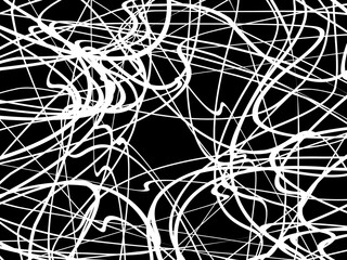 White tangled thread background. Circular abstract pen stroke vector illustration, on black background. Tangled scribbles hand drawn doodles. Vector illustration isolated on black background.