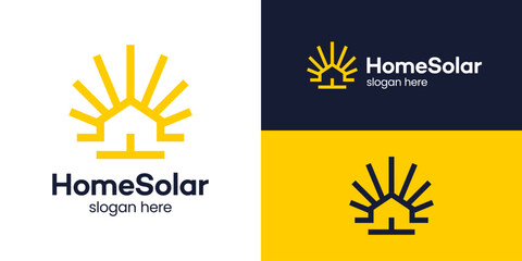 Home solar energy design logo. House building logo with abstract sun symbol design vector icon