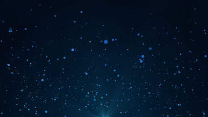 Blue bokeh particles floating in the air on a dark background, horizontal composition. Light rays at the bottom.