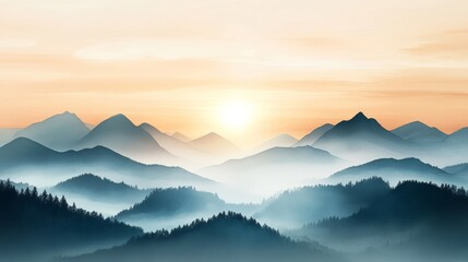 Obraz premium Mountain Serenity, a tranquil watercolor depicting peaks and valleys mirroring stock market trends under a soft sunrise.