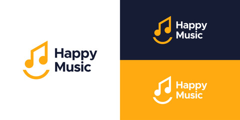 Happy music design logo. Note music logo with smile symbol design vector icon