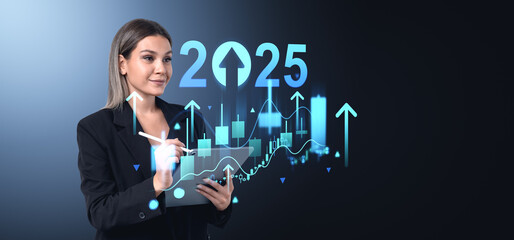 A woman holding a tablet, analyzing candlestick charts with 2025