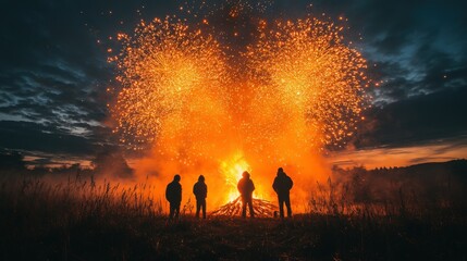 Fototapeta premium Captivating Night Scene of Silhouetted Figures Observing a Magnificent Bonfire with Stunning Fireworks Lighting Up the Dark Sky in a Vibrant Display