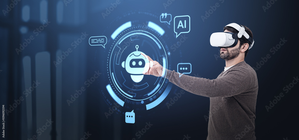 Poster man using vr headset interacting with ai robot interface on digi
